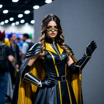 Woman in black yellow superhero cosplay
