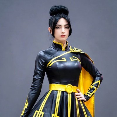 Asian woman in black yellow cosplay dress