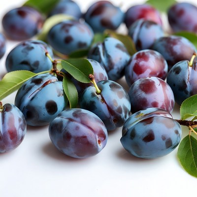 Fresh Plums with Green Leaves