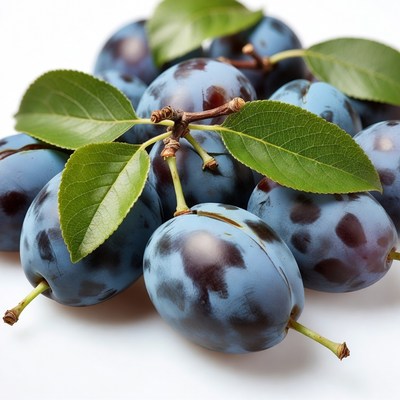 Fresh Plums with Green Leaves