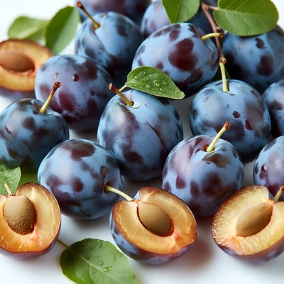 Fresh Plums with Leaves and Slices