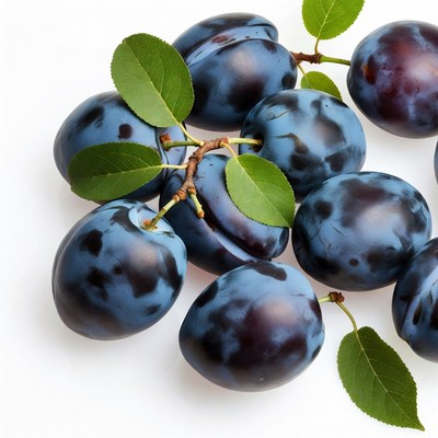 Fresh Plums with Green Leaves