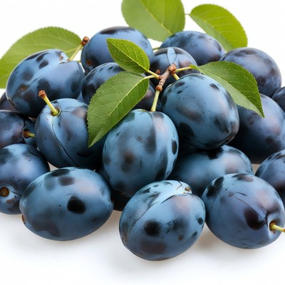 Fresh Blue Plums with Green Leaves