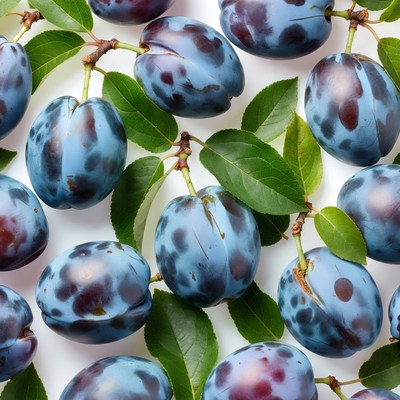 Fresh Plums with Green Leaves