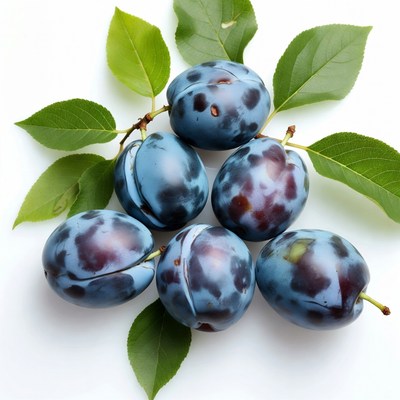 Fresh Plums with Green Leaves