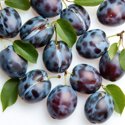 Fresh Plums with Green Leaves