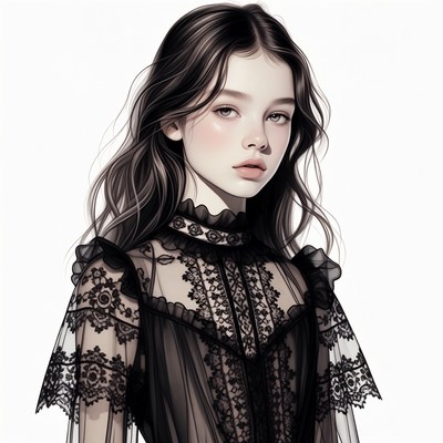 Girl in black lace dress illustration