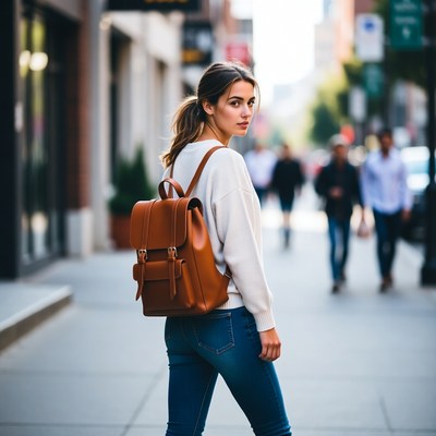 Woman walking with leather backpack