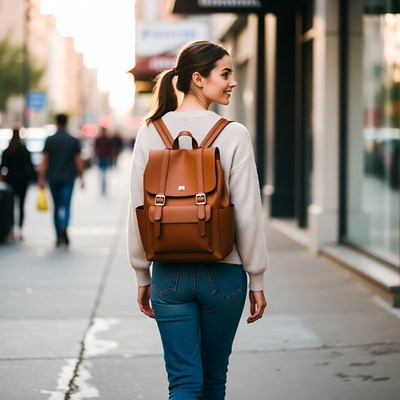 Woman walking with leather backpack