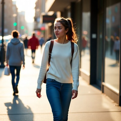 Young woman walking city street sunset