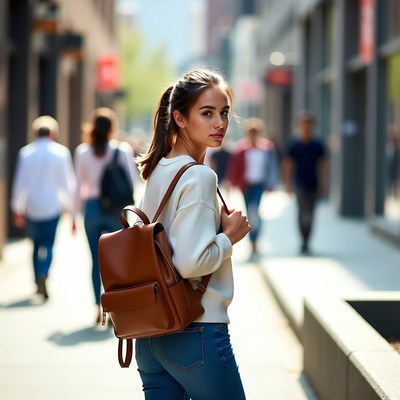 Young woman walking urban street backpack