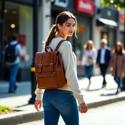 Woman walking with brown backpack
