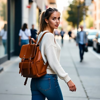 Woman walking with leather backpack