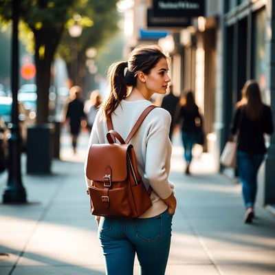 Woman walking with brown backpack