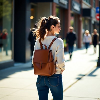 Woman walking with brown backpack