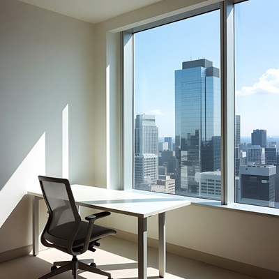 Empty Office Desk with City Skyline View