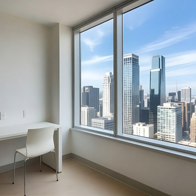 Empty Desk by City Skyline Window