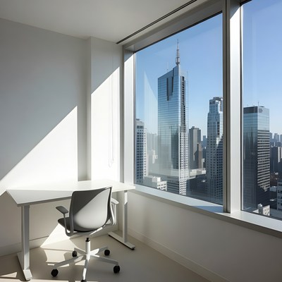 Modern Office Desk with Skyline View