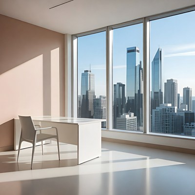 Modern Office with Desk and City Skyline