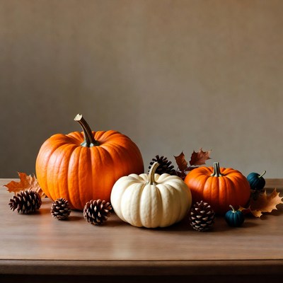 Orange White Pumpkins Pinecones Autumn Display