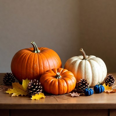 Orange White Pumpkins Fall Leaves Pinecones