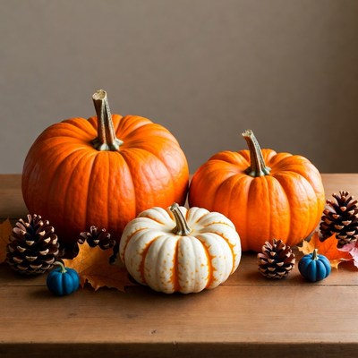 Orange and White Pumpkins with Pine Cones