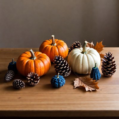 Autumn pumpkins pinecones fall leaves