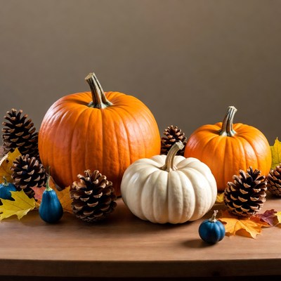 Orange and White Pumpkins with Pinecones
