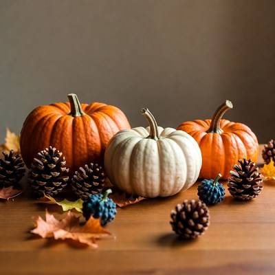 Orange and White Pumpkins with Pinecones