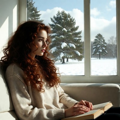 Redhead woman reading by snowy window