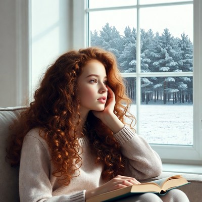 Redhead woman reading by snowy window
