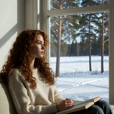 Redhead woman reading by snowy window