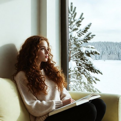 Redhead woman reading by snowy window