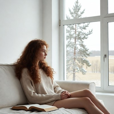 Redhead woman gazing out snowy window