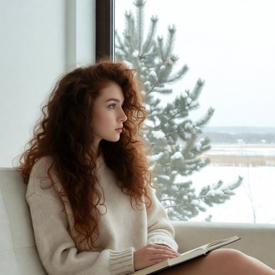 Redhead woman reading by snowy window