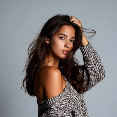 Woman touching hair in off-shoulder sweater