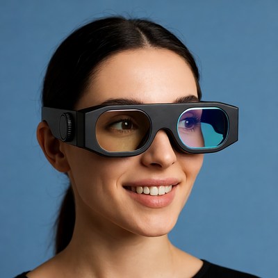 Woman wearing blue tinted glasses