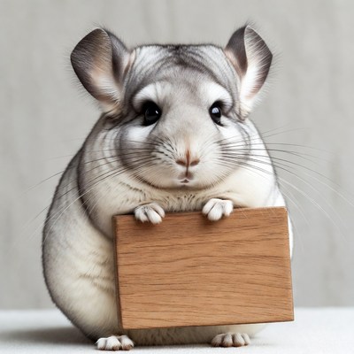 Chinchilla holding wooden sign