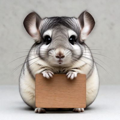 Chinchilla holding wooden sign