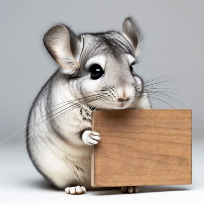 Chinchilla holding wooden sign