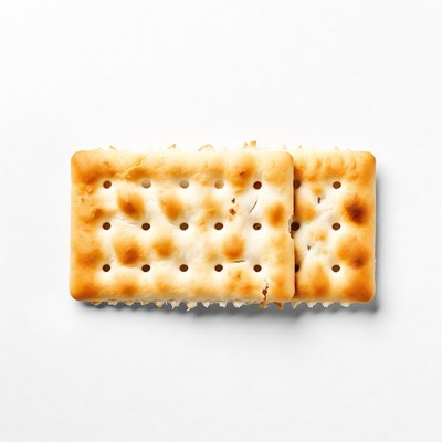 Two saltine crackers on white background