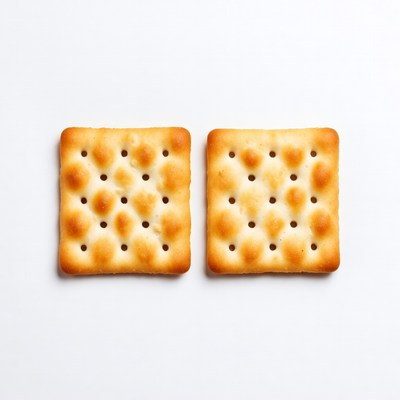 Two saltine crackers on white