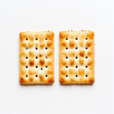Two saltine crackers on white background