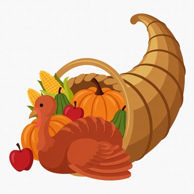 Cornucopia with Turkey and Autumn Produce