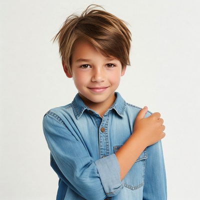 Boy in blue denim shirt smiling