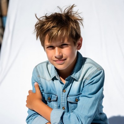 Boy with messy hair in denim shirt