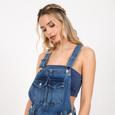 Blonde woman in denim overalls