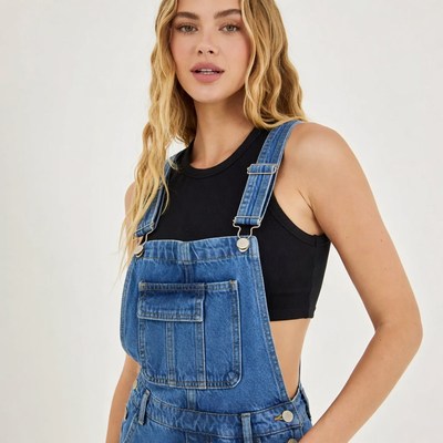 Woman in blue denim overalls