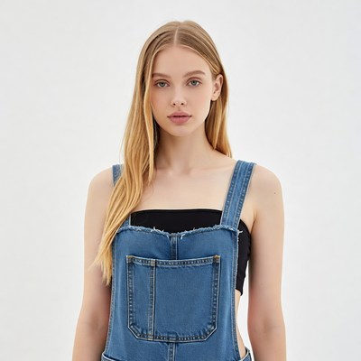 Blonde woman in denim overalls