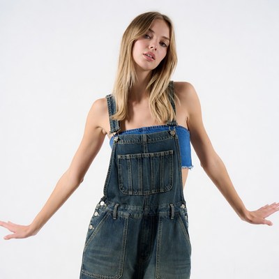 Woman in blue denim overalls